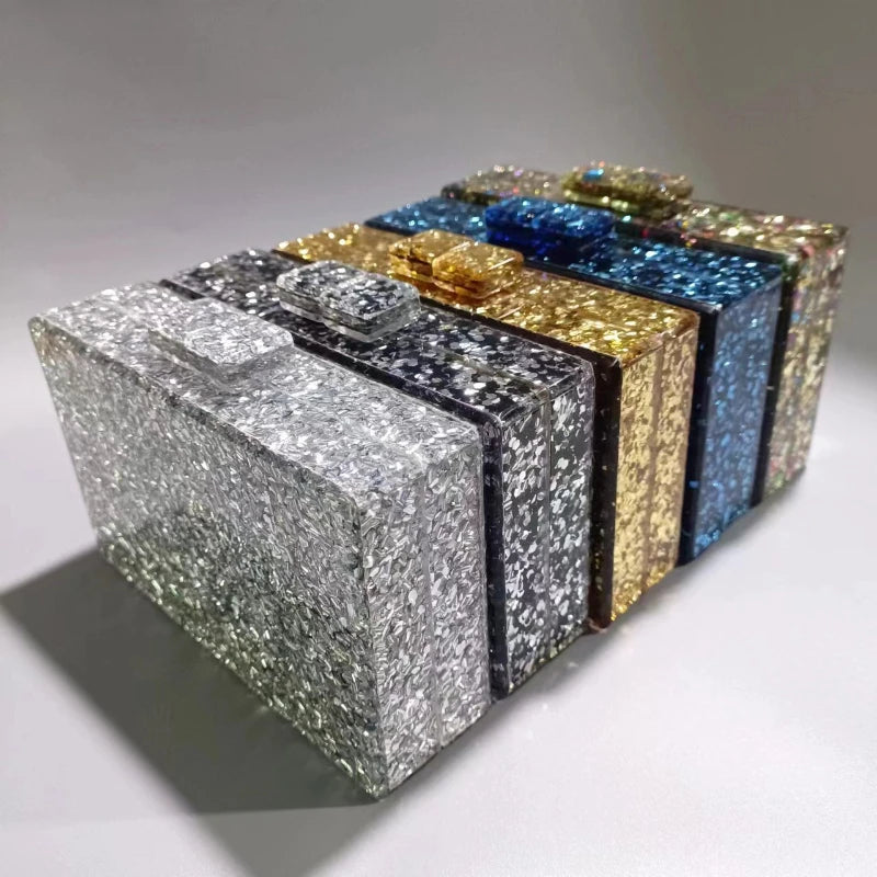 Gold & Silver Sequins Acrylic Evening Bag - One Shoulder Wedding Banquet Clutch