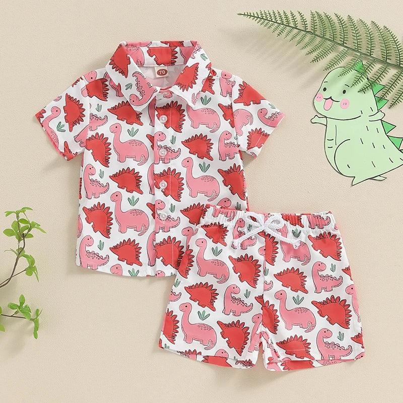 0-3Y Toddler Baby Boys Summer Clothes Sets 2pcs - Short Sleeve Dinosaur Print Button Up Top and Shorts Set