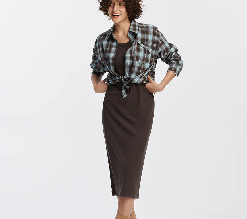 U-Neck Vest Dress & Checkered Shirt Set - Vintage Two Piece Autumn Outfit