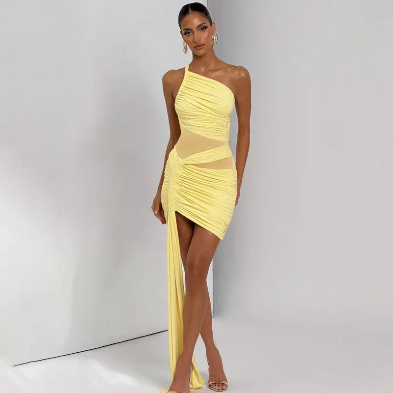 Women's Asymmetrical Bodycon Mini Dress - Ruched Mesh Patchwork Dress