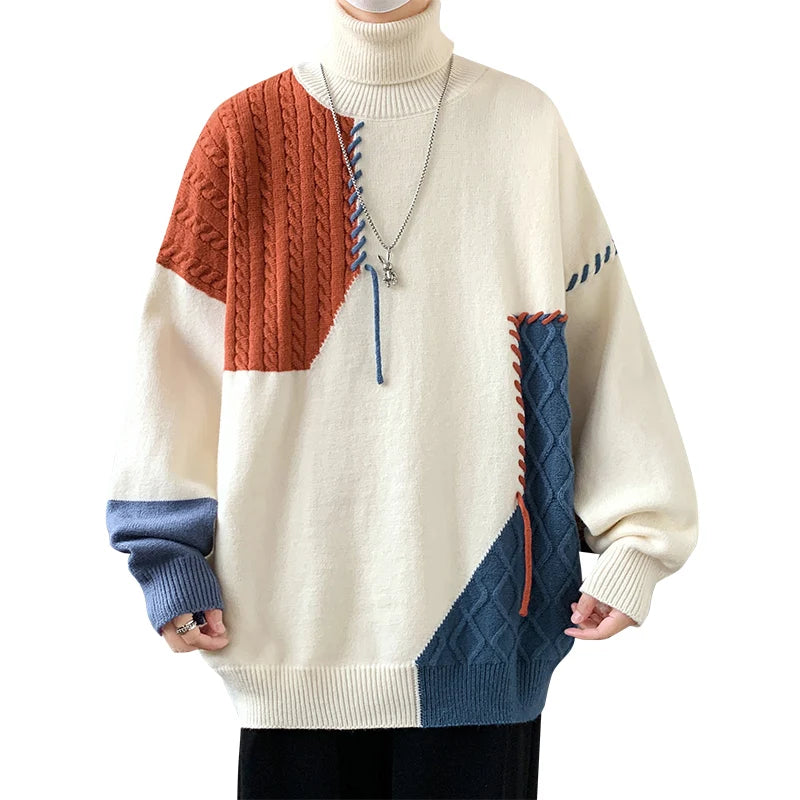 Men's Knit Turtleneck Patchwork Sweater