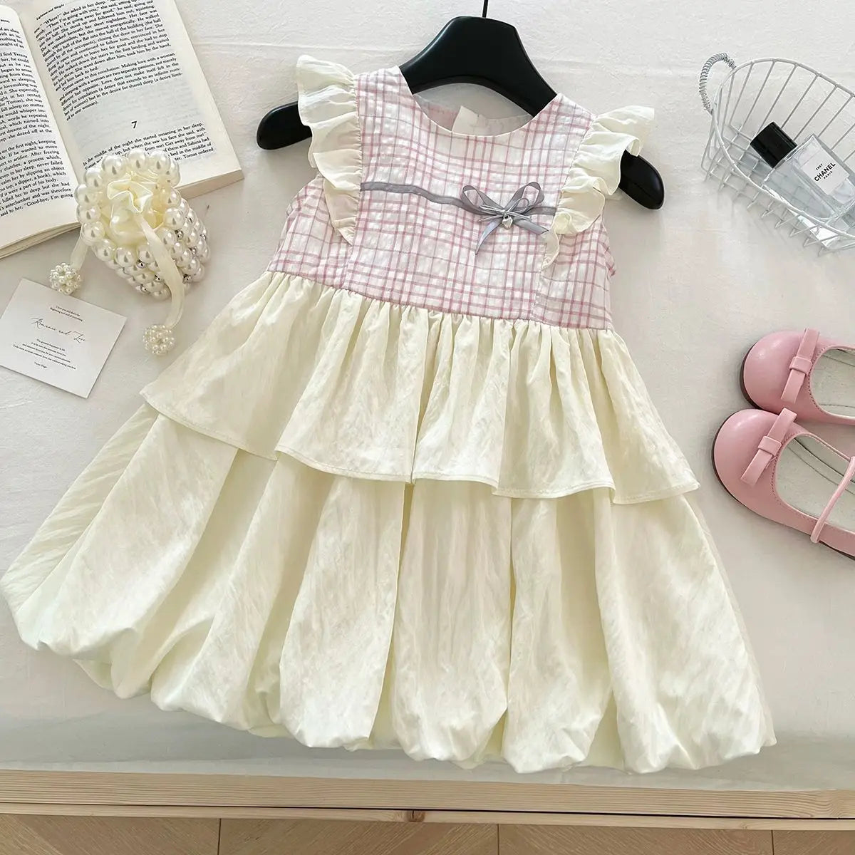 Girl's Summer Round Neck Flying Sleeve Bow Grid Splicing Dress 3-6 years