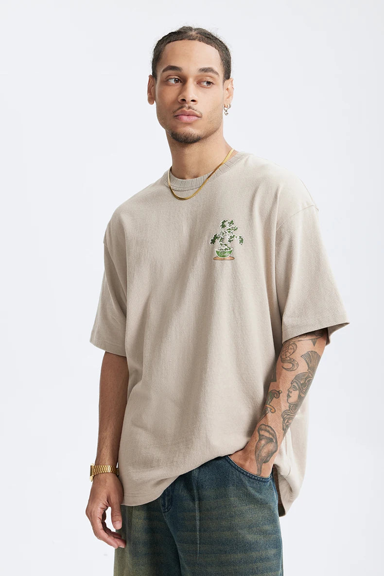 Men's 250G Green Plant Crack Print Retro Street Style Heavyweight Casual Short Sleeve T-Shirt