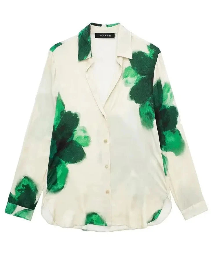 Women  Floral Print Summer Casual Single Breasted Long Sleeve Shirt  Blouse