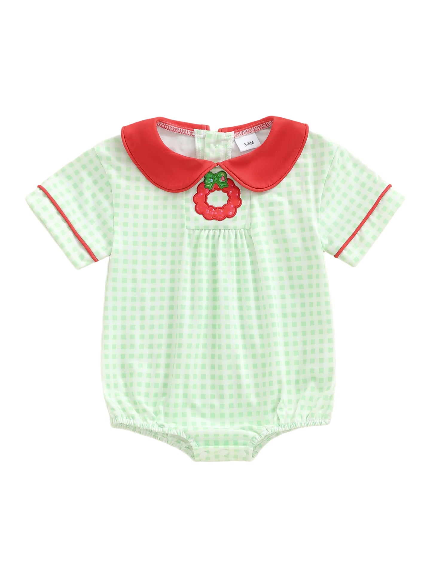 Baby Girls Plaid Romper - Wreath Embroidery Short Sleeve Doll Collar Bubble Jumpsuit