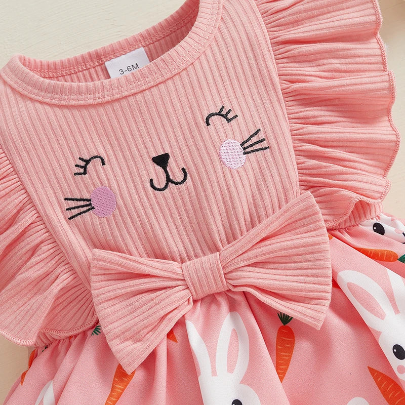 0-18M  Baby Girls Rompers Dress Easter Rabbit Carrot Print Ruffles Fly Sleeve Print Skirt Hem Jumpsuits Headband