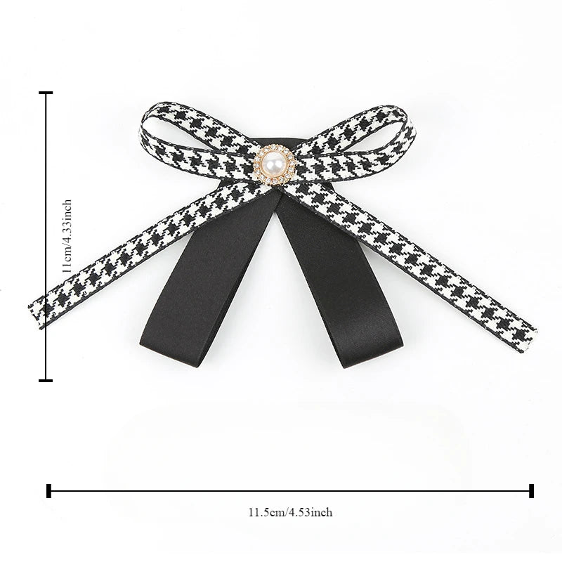 Houndstooth Ribbon Bow Brooch with Pearl