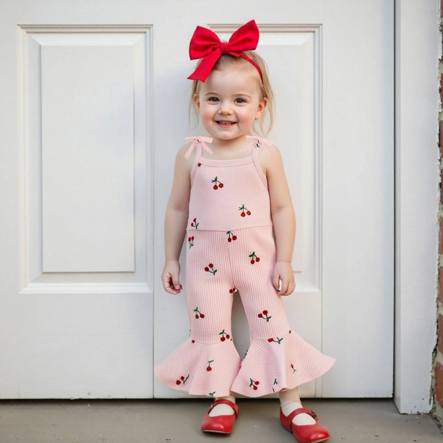 0-5Y Kids Girls Summer Jumpsuit Tie-up Spaghetti Straps Cherry Print Flare Romper Pants
