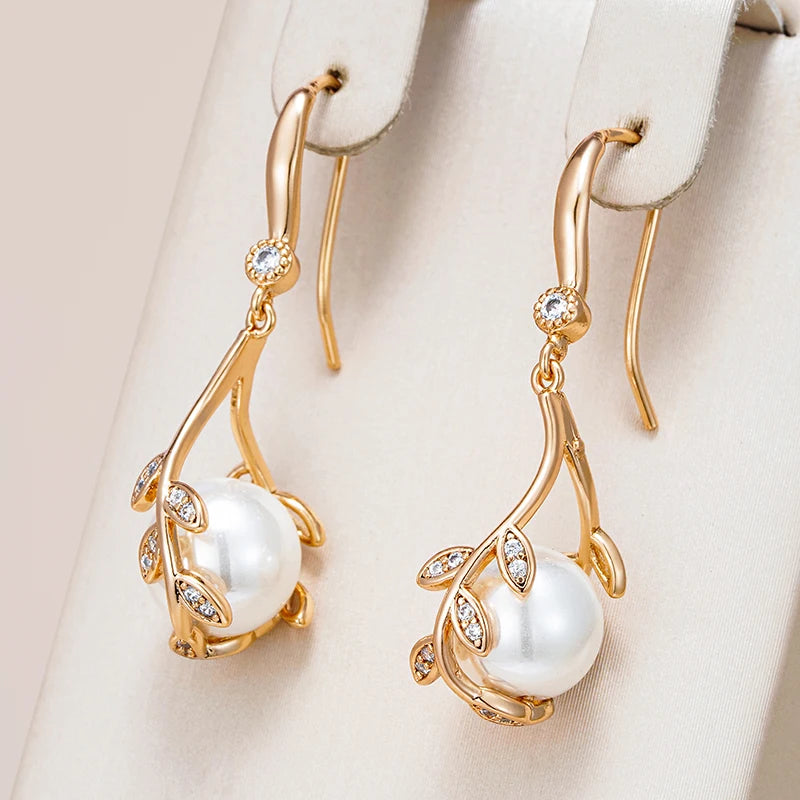 Women's 585 Rose Gold Colour Natural Zircon Pearl Long Drop Earrings