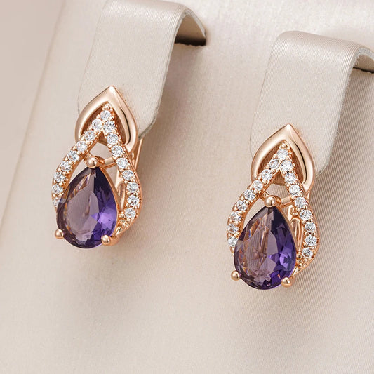 Women 585 Rose Gold Vintage Sparkling Purple Water Drop Natural Zircon Earrings