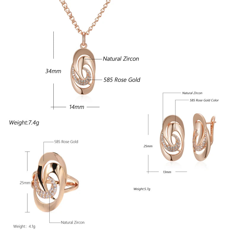 Women's Unusual Geometry Glossy 585 Rose Gold Color Natural Zircon Big Ring Earrings Necklace Set
