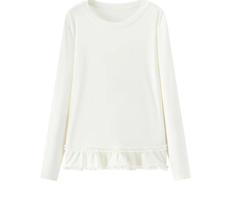 Long Sleeve Solid Color Lettuce Edge Slim Fit Ruffle Hem Top