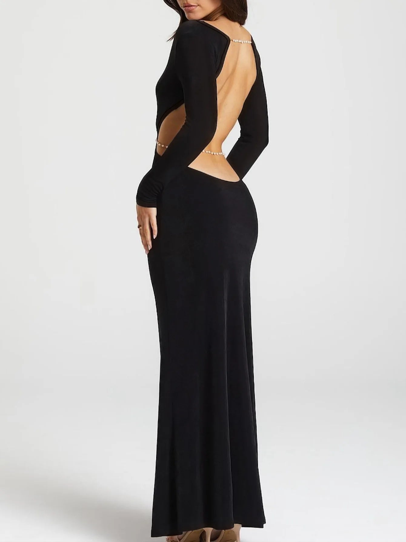 Women's Backless Maxi Dress - Long Sleeve Embellished Chain Gown Dress