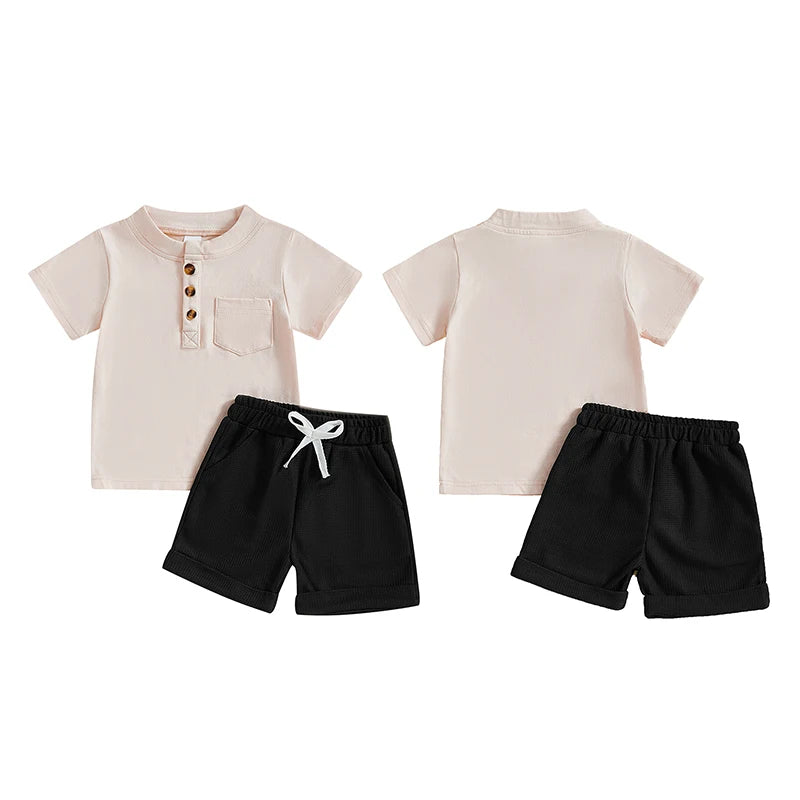 Casual Summer Baby Boys Button-Up Outfit Set - Round-Neck Top & Solid Color Shorts (0-4Y)