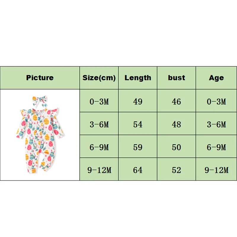 Newborn Baby Easter Jumpsuit - Long Sleeve Rabbit Egg Print Romper with Headband