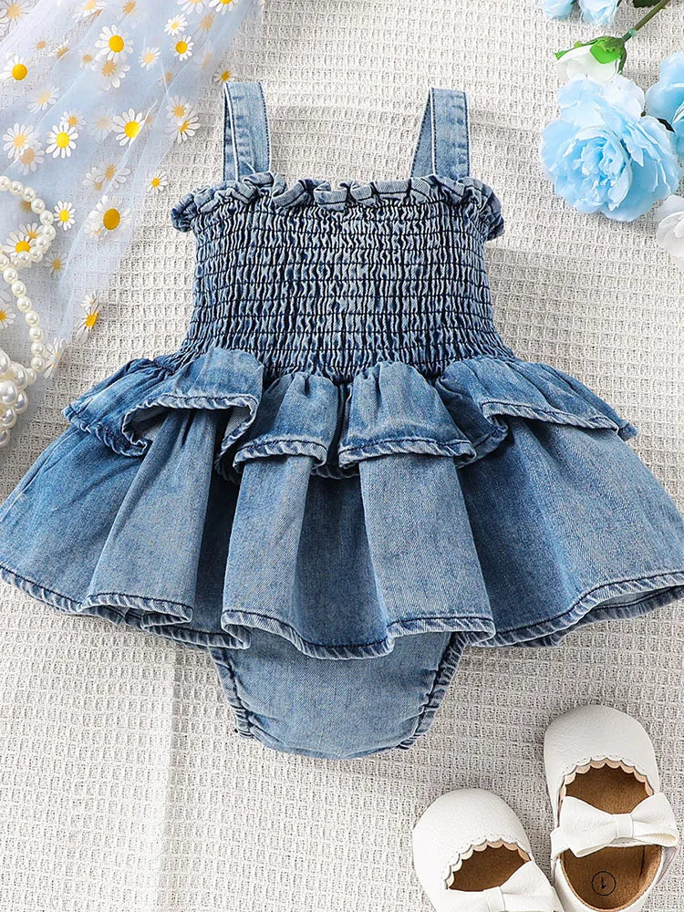 Summer Baby Girls Clothes Denim One Piece Ruffle Camisole Bodysuit Newborn Clothes 0-18M