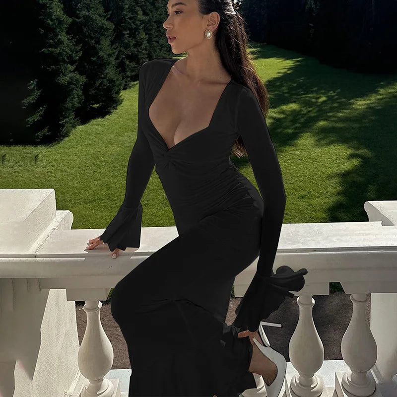 Women's Ruffle Detail Flare Sleeve Maxi Draped V Neck Dress