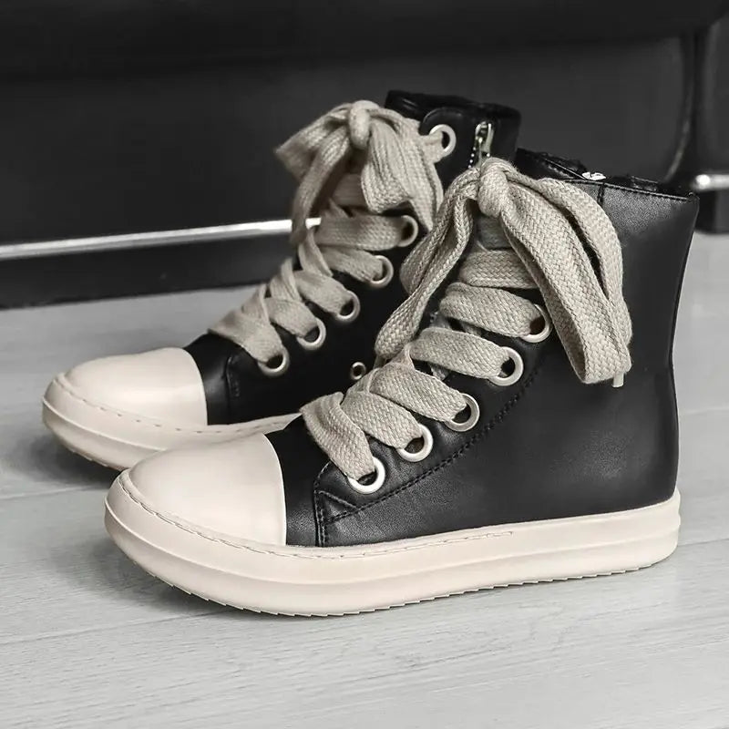 Men's High-Top Leather Sneakers - Lace-Up Zipper Ankle Boots