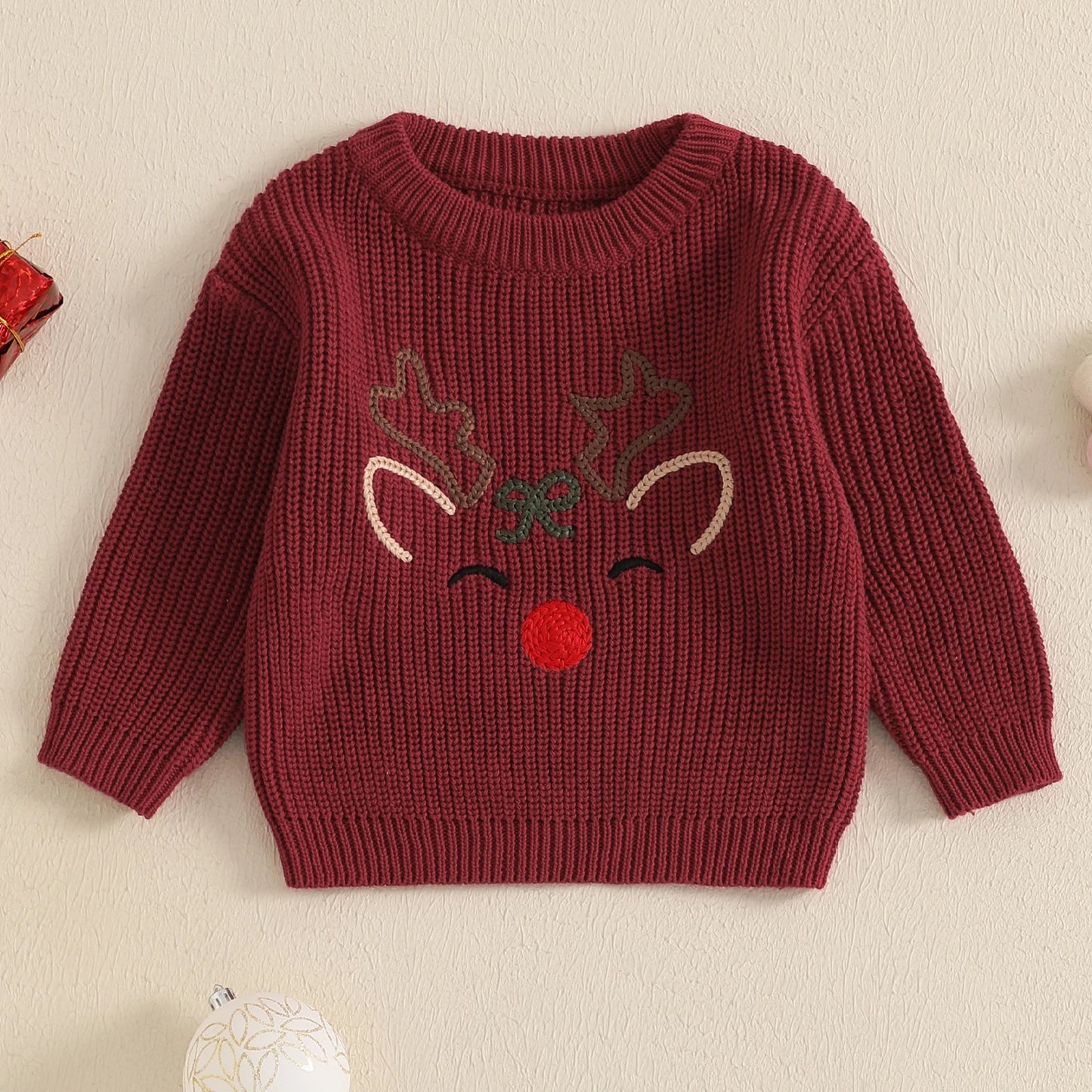 0-3Y Toddler Baby Boys Girls Christmas Sweater - Reindeer Embroidery Long Sleeve Round Neck Knitwear Pullover