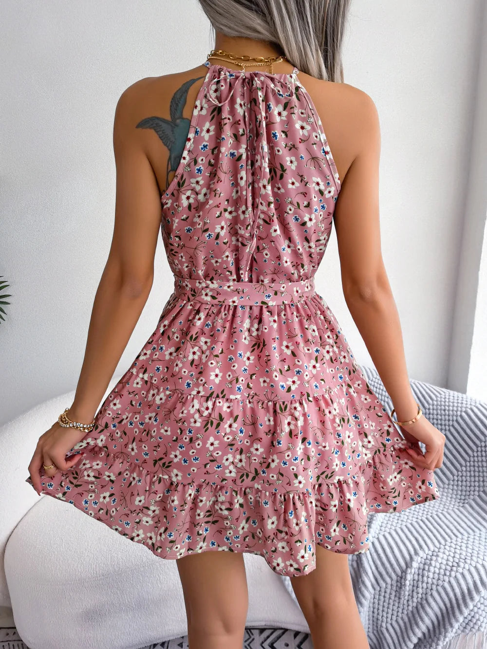 Short Women's Dress - Casual Sleeveless Bandage Ruffle Summer Floral Dress