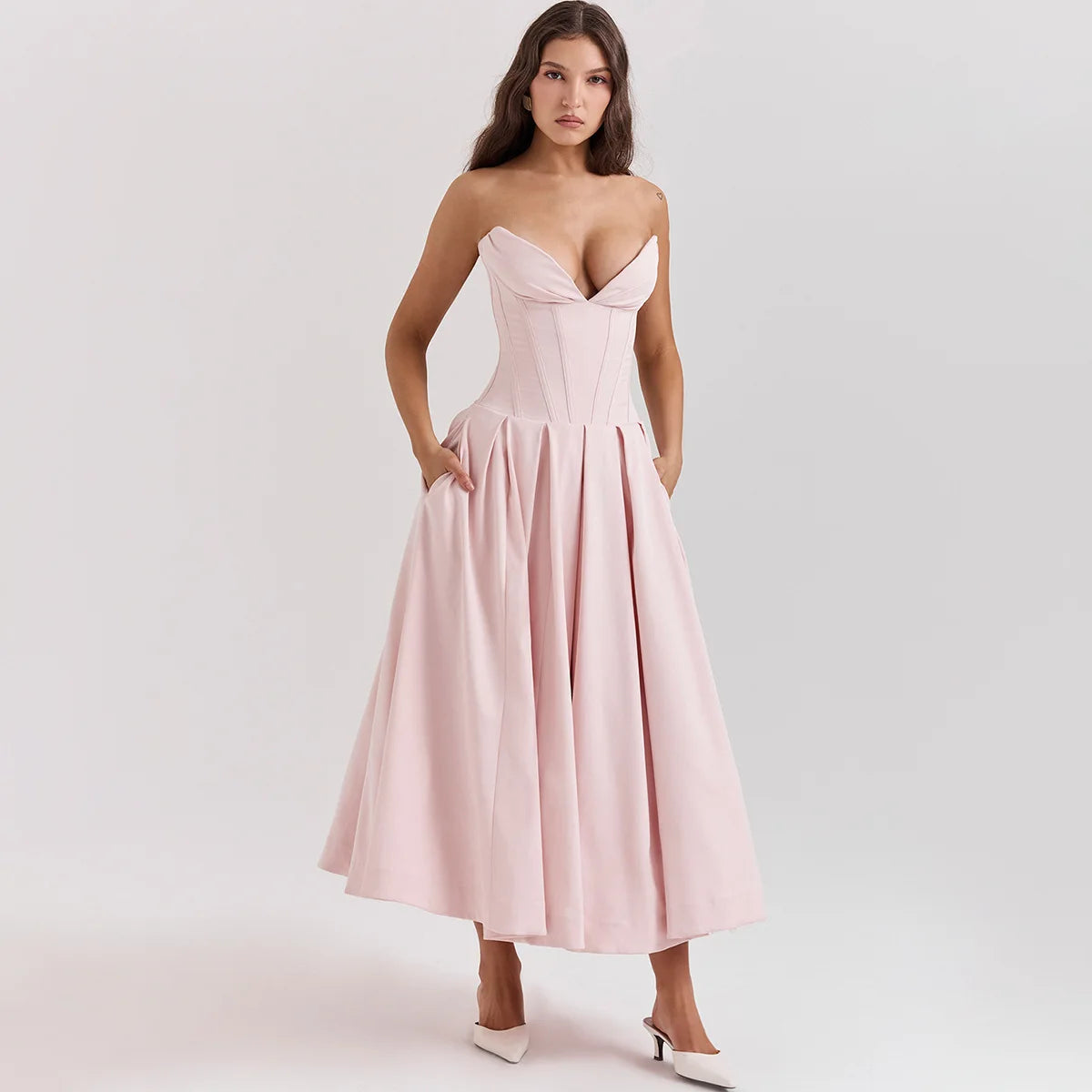 Strapless V Bar Slinky Midi Dress  Outfit - Women Frill Hem Sleeveless Corset Dress