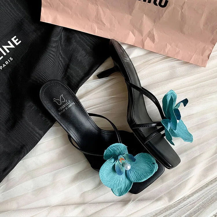 Women's 3D Flower Beach Slippers - Square Toe Heel Sandals