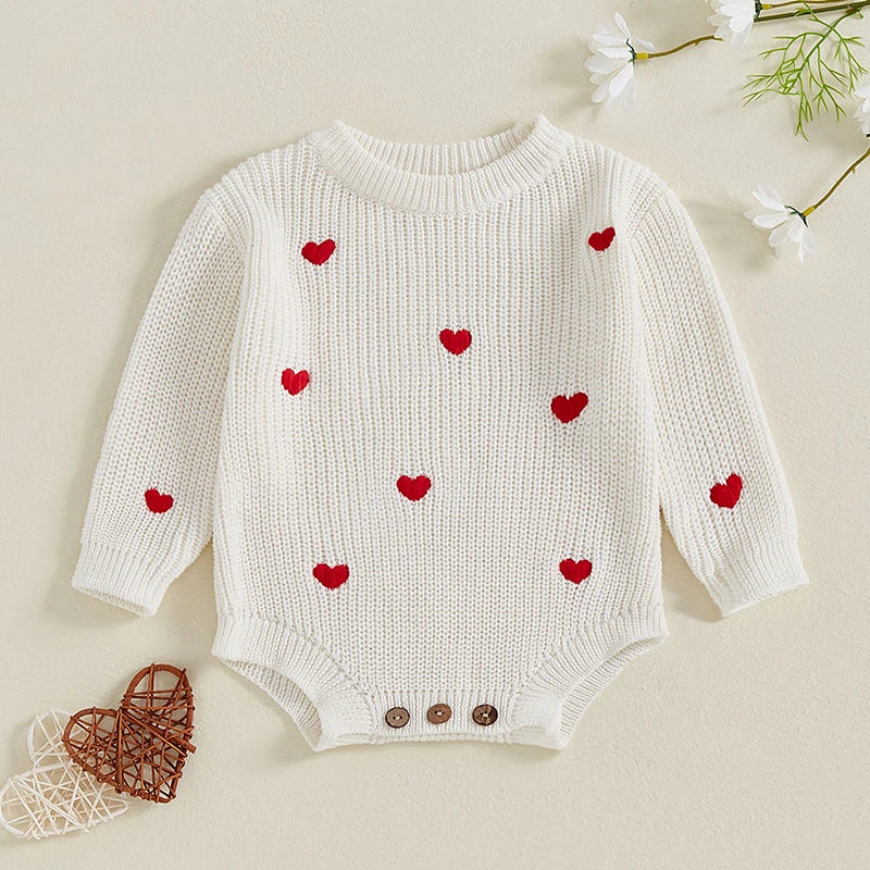 Newborn Baby Girl's Sweater Romper - Heart Knit Long Sleeve Jumpsuit for Valentine's