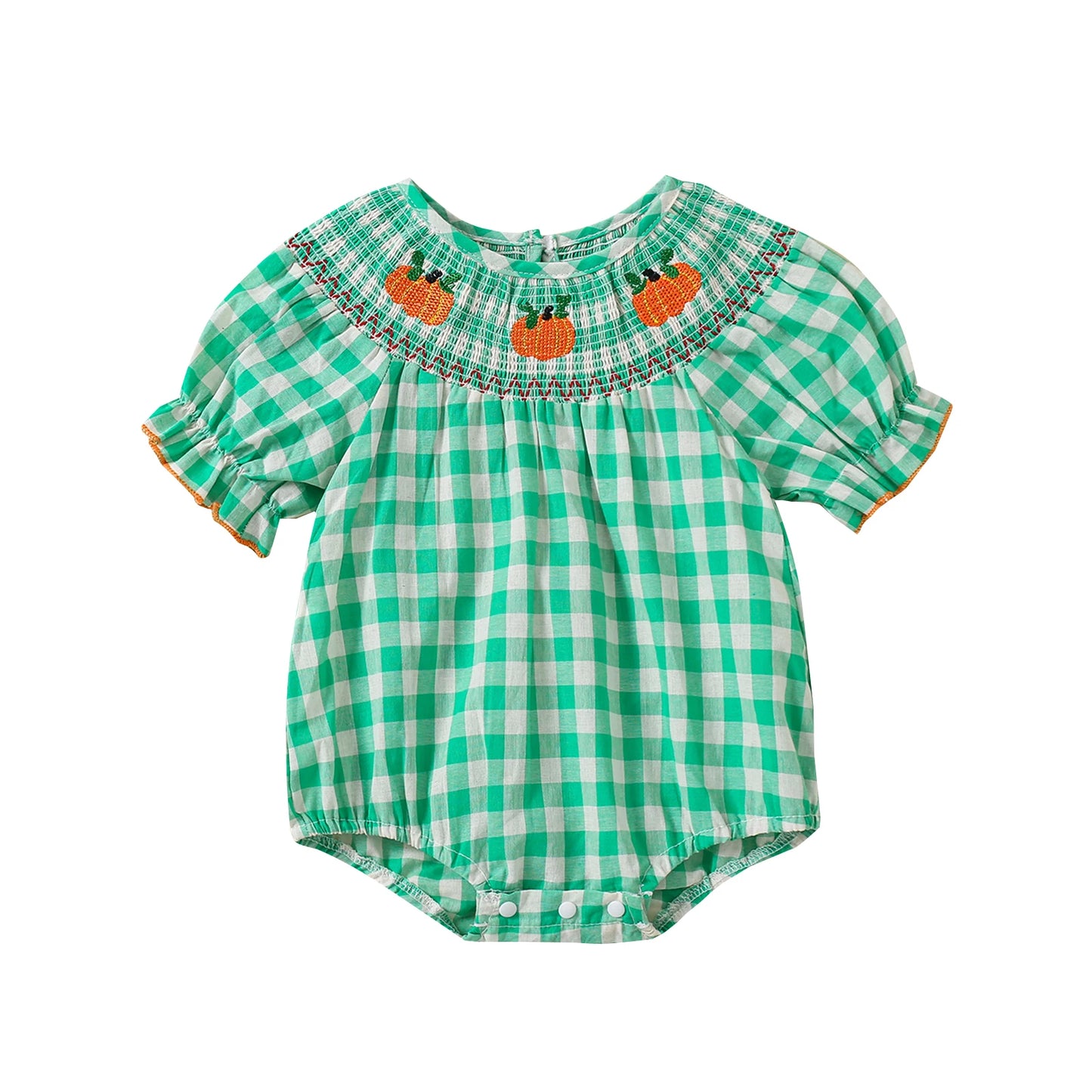 0-3Y Baby Girls Boys Romper Pumpkin Embroidered Plaid Print Short Sleeve Ruffled Jumpsuits