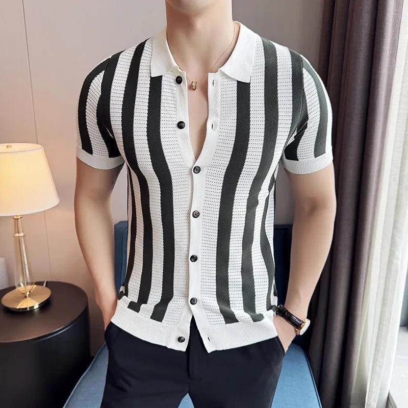 Men's Summer Striped Knit Lightweight Slim Fit  Turn Down Collar Short Sleeve Shirt