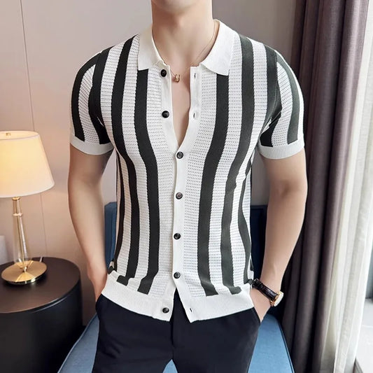 Men's Summer Striped Knit Lightweight Slim Fit  Turn Down Collar Short Sleeve Shirt