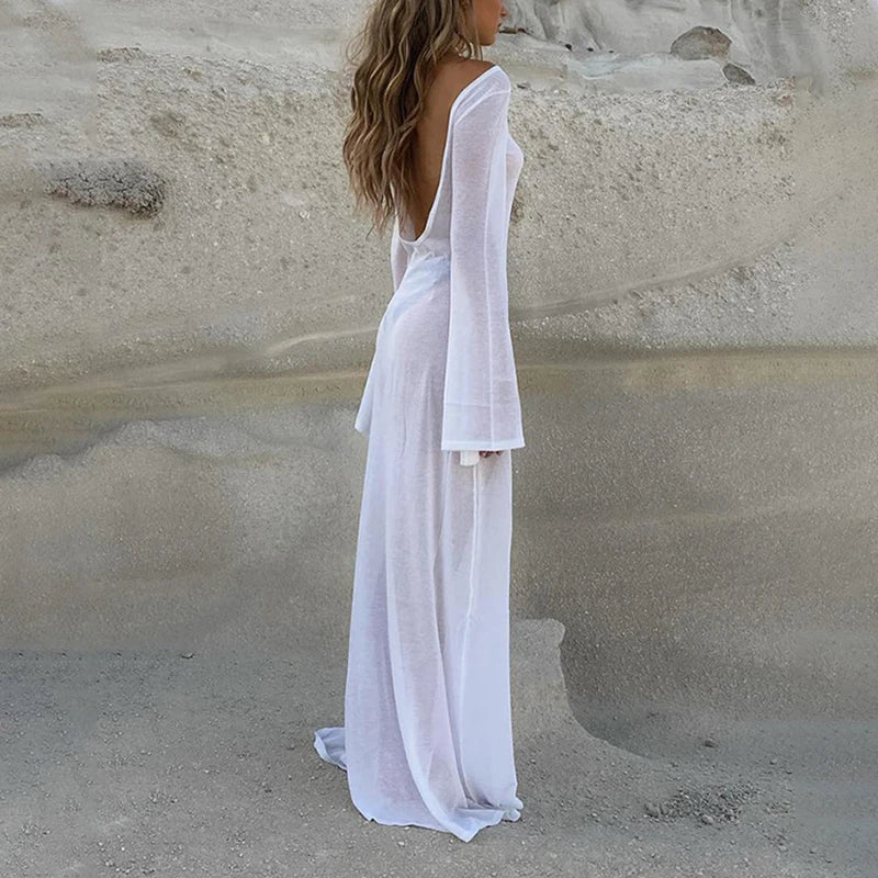 Women's Knit Long Sleeve Beach Dress - Open Back Club See Through Maxi Dress