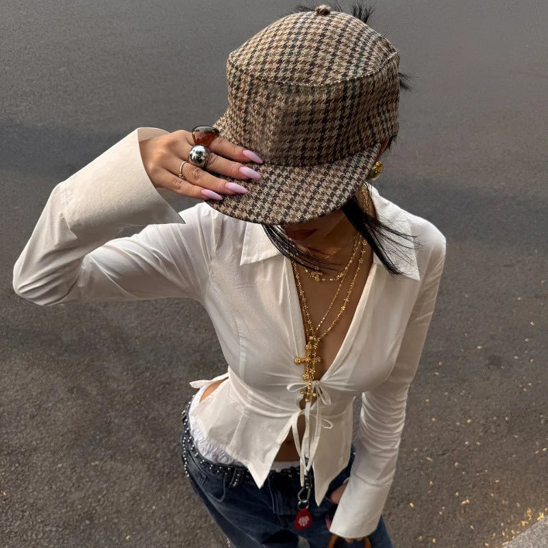Women's Retro Y2K White Tie Front Cardigan - V Neck Long Sleeve Cropped Top