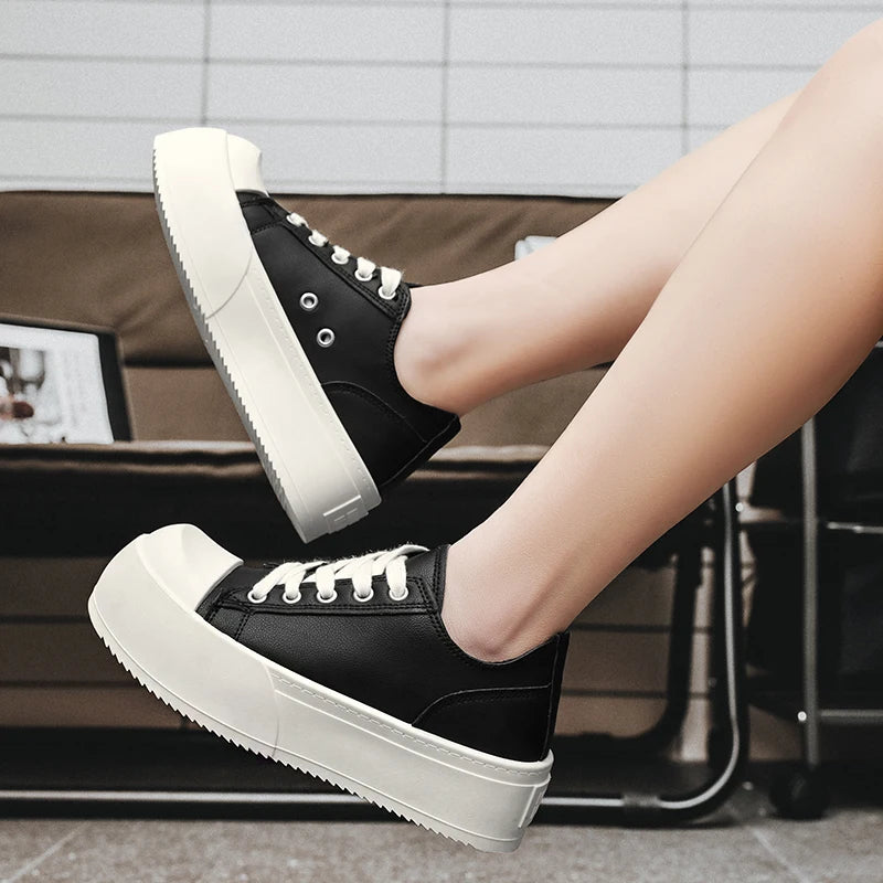 Men's Leather Platform Sneakers - Vulcanized Tennis Sports Shoes