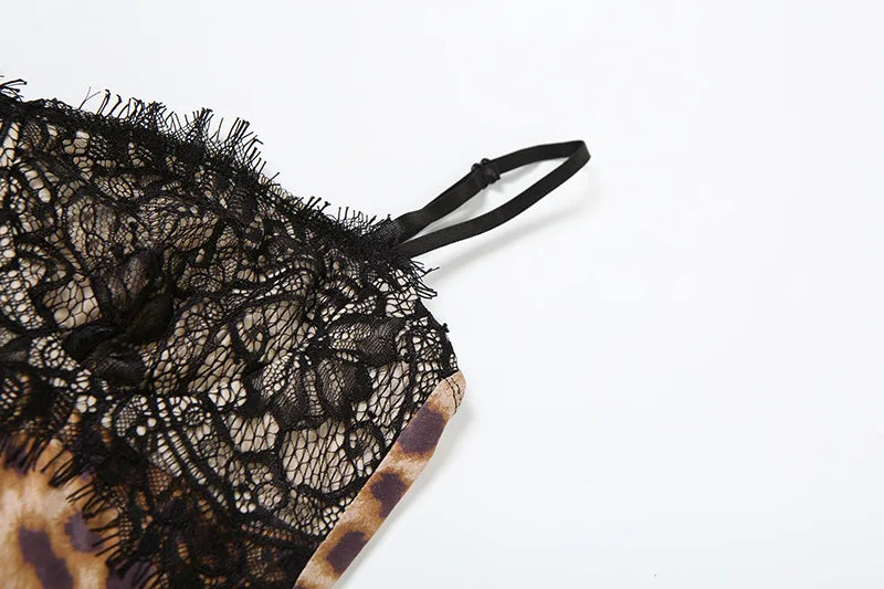 Women's Leopard Lace Sheer Mini Dress - Backless Slip Bodycon Sleepwear