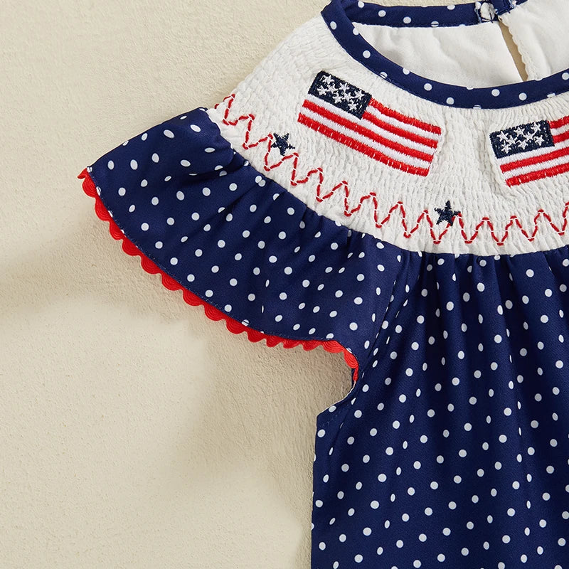 Kids Girls Dress 0-5Y USA Flag Embroidery Dot/Plaid Print Short Sleeve A-Line Dress