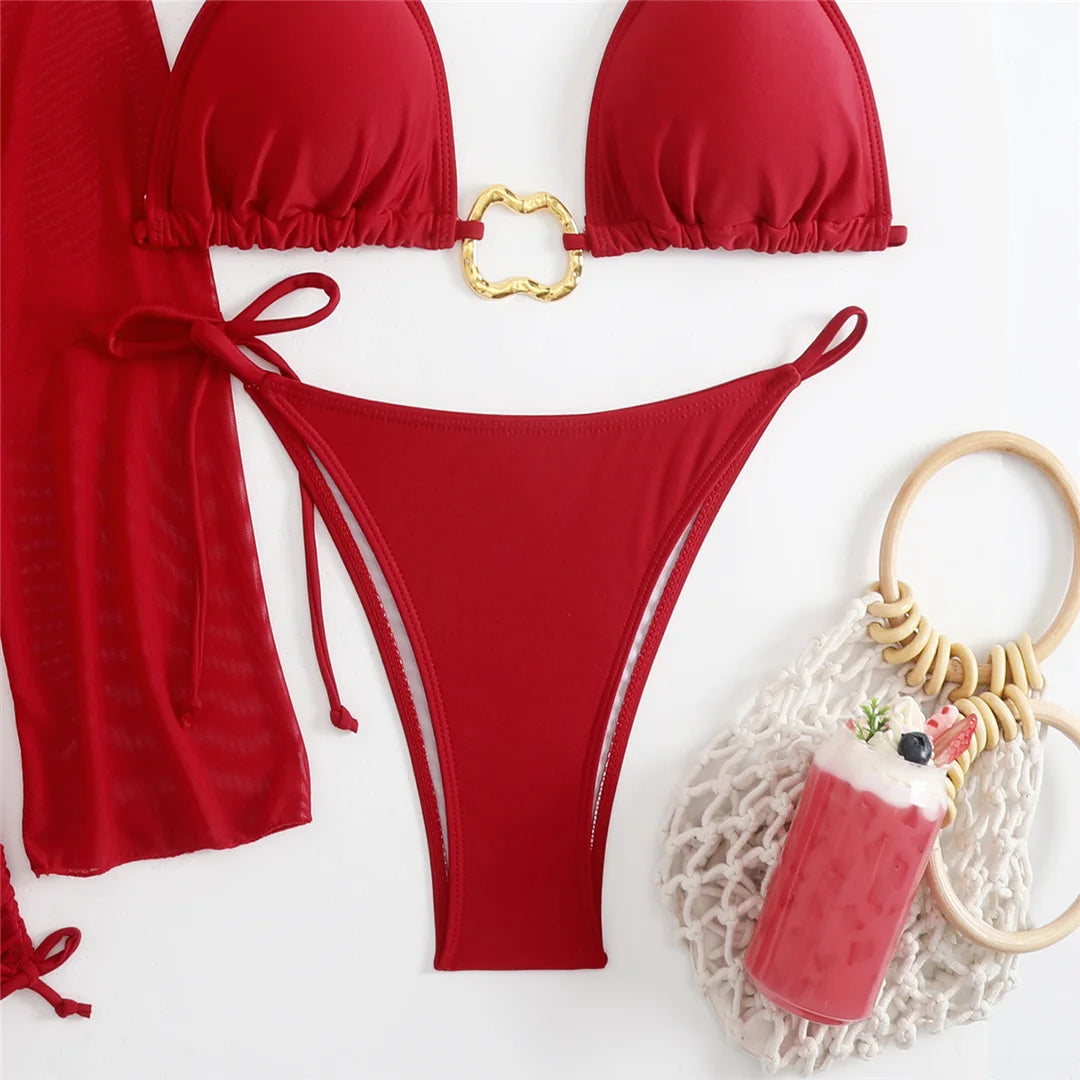 Women's Long Sleeve Cover Up Skirt Halter Bikini Swimsuit Swimwear Four-pieces Bikini Set