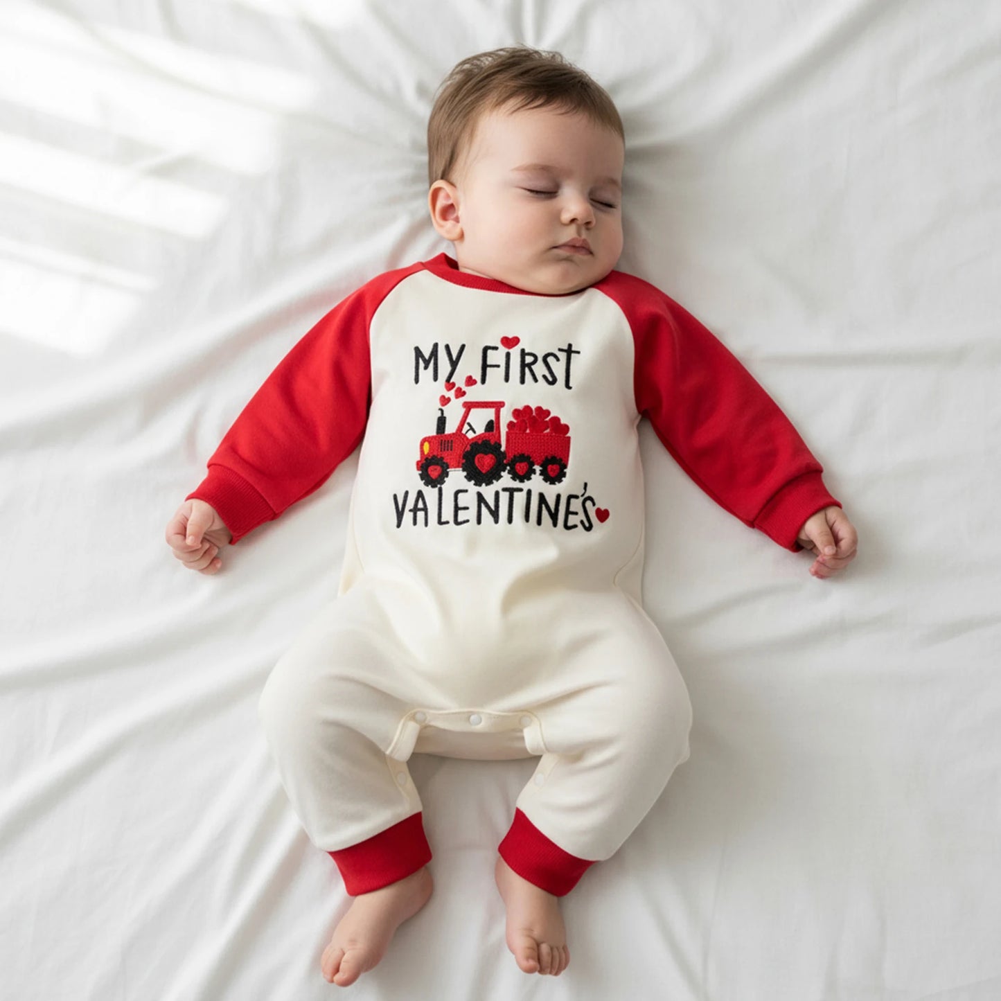 Newborn Baby Boys Valentine's Romper - Love Heart Tractor Embroidery