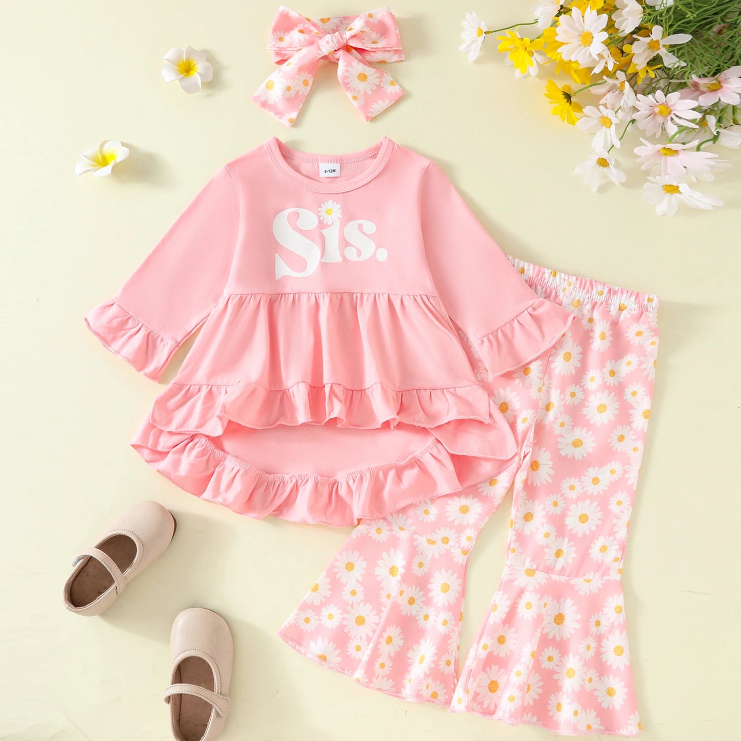 0-4Y Girls Letter Print Long Sleeve Ruffled Dress Tops Sunflowers Flare Pants and Headband