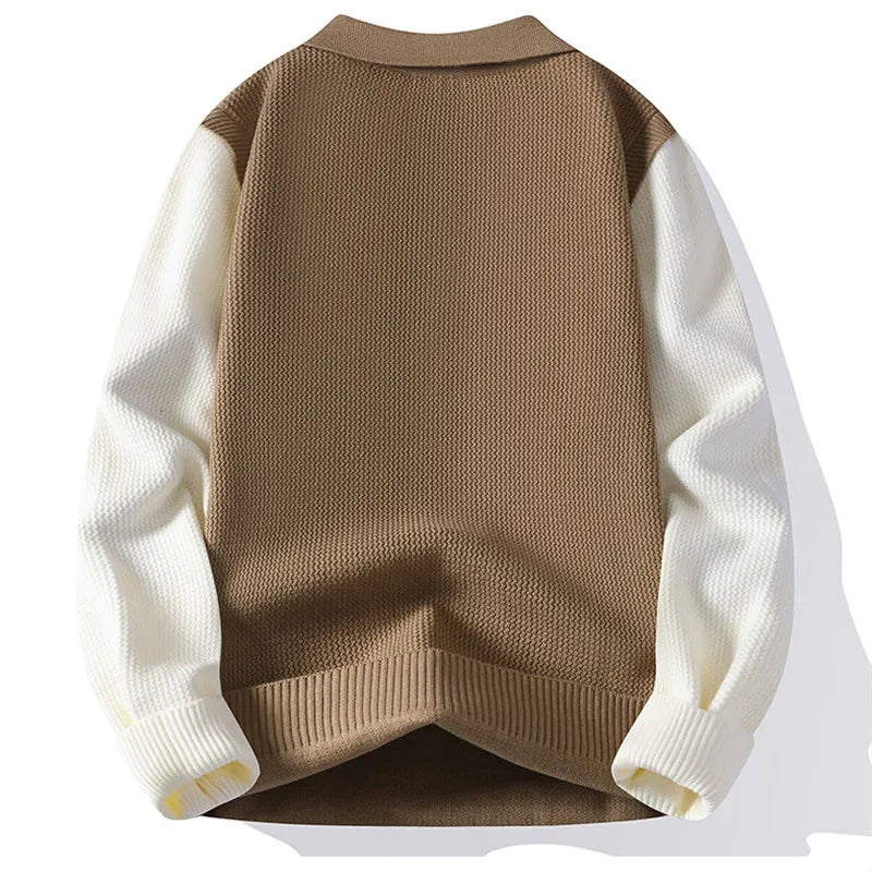 Men's Turn-Down Collar Knitted Pullover - Patchwork Long Sleeve Casual Sweater