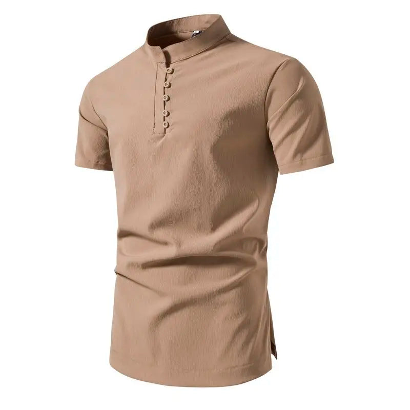 Men's Summer Stand Collar Short Sleeve Casual Slim Fit Pullover Shirt