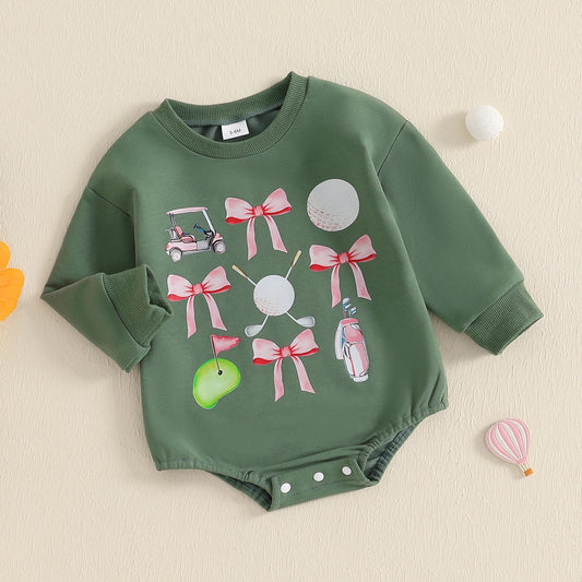 Baby Sweatshirt Romper - Golf Bow Print Crew Neck Jumpsuit
