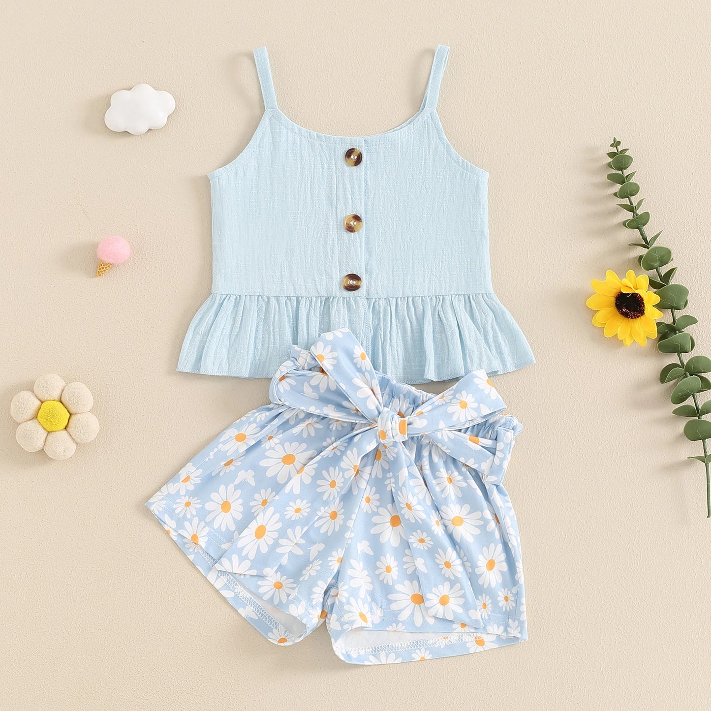 0-4Y Girls Summer Clothes Sets - Sleeveless Button Up Camisole Vest, Sunflowers Print Shorts Sets