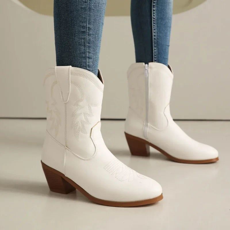 Totem Embroidered Ankle Boots - Pointed Toe Chelsea Boots with 6cm Wedge Heel