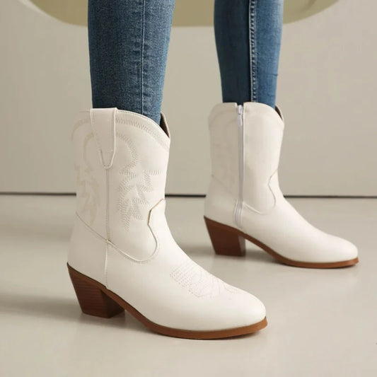 Totem Embroidered Ankle Boots - Pointed Toe Chelsea Boots with 6cm Wedge Heel