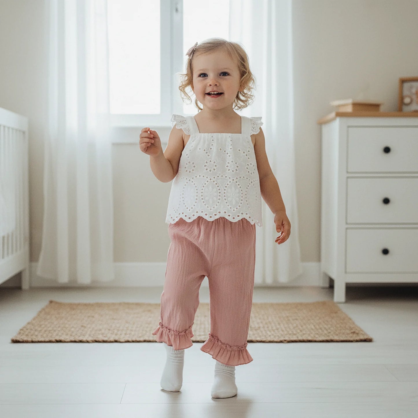 Girls Spring Outfit Set - Lace Ruffle Sleeveless Top & Wide Leg Pants (2-7Y)