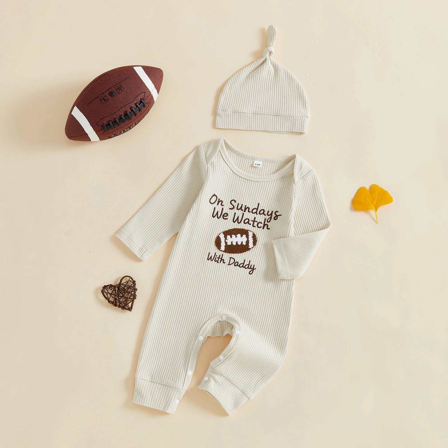 Newborn Baby Football Romper with Hat - Letter Embroidery Long Sleeve Full Length Jumpsuit