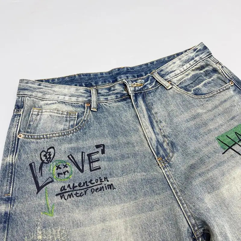 Men's Retro Print Straight Jeans - Loose Fit Hip-Hop