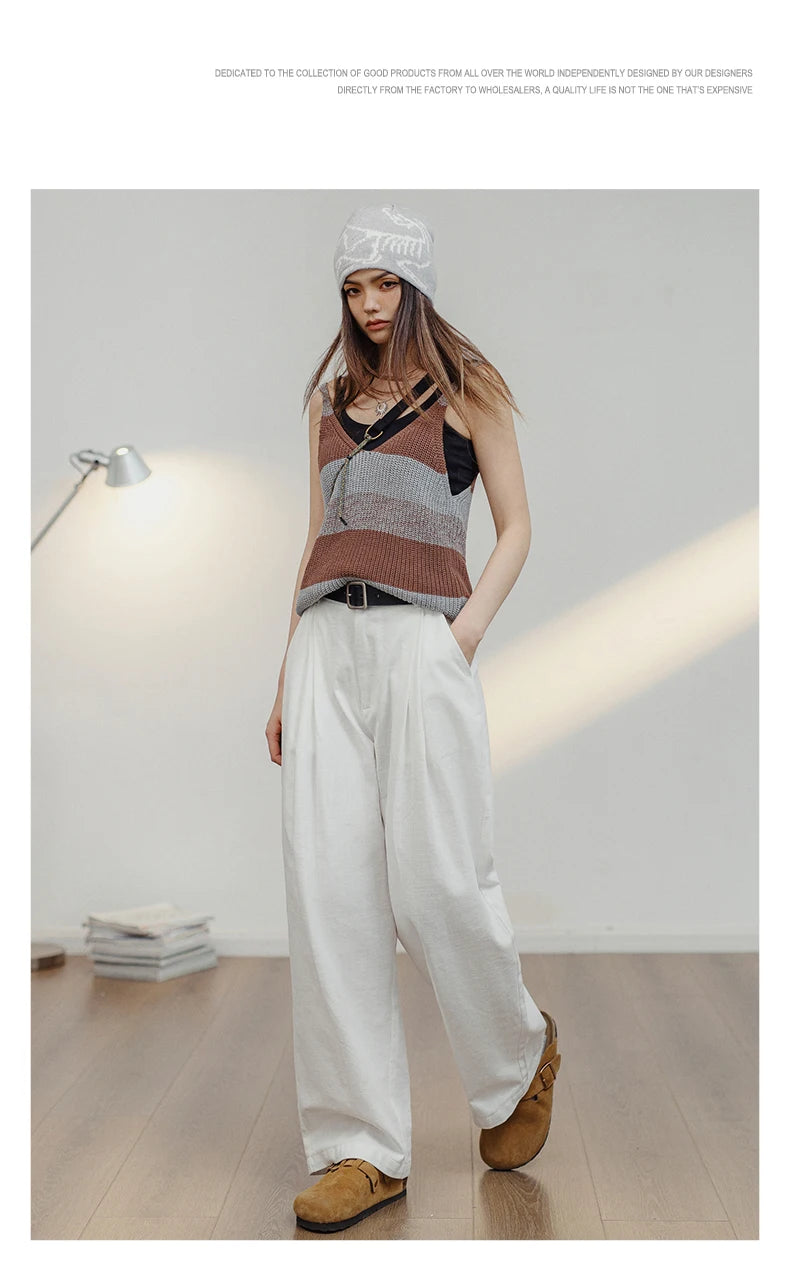 Women's White 100% Cotton Wide-Leg Cargo Trousers | Loose Straight Streetwear Pants