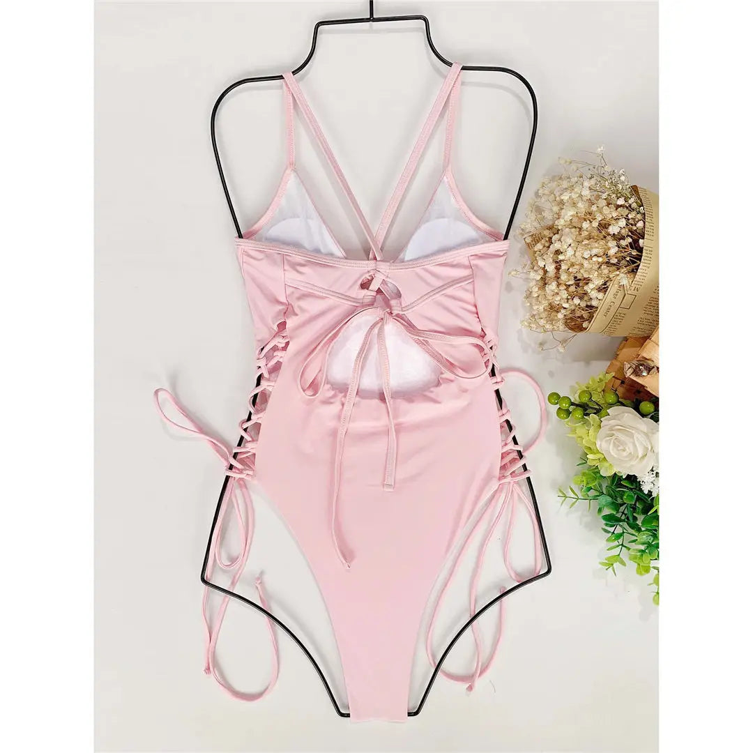 Women's Lace Up Underwired One Piece Swimwear Backless Swimsuit