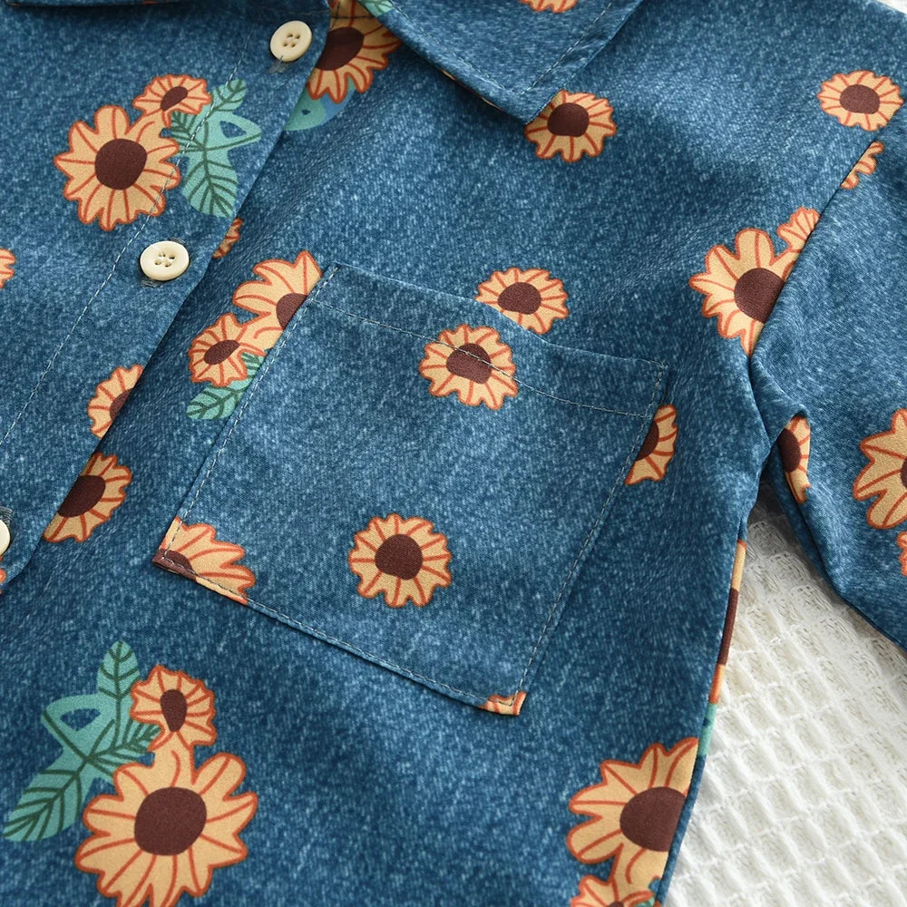 Children's Blue Denim Set with Sunflower Printed Collar Shirt and Shorts 2-piece Set